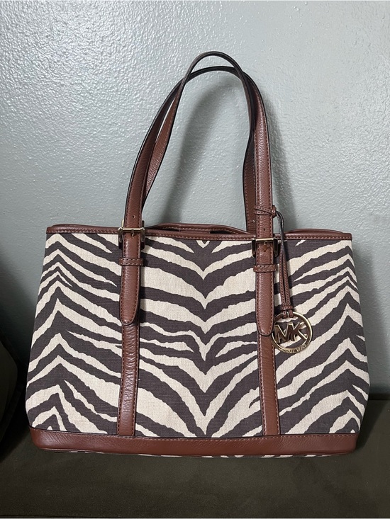 Michael Kors Handbags - Michael Kors Black and White Zebra Canvas Tote with Brown Leather Trim